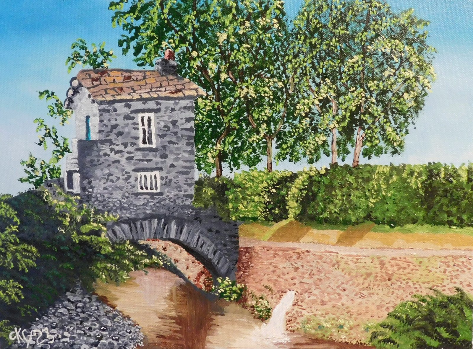 a painting of a stone bridge over a river